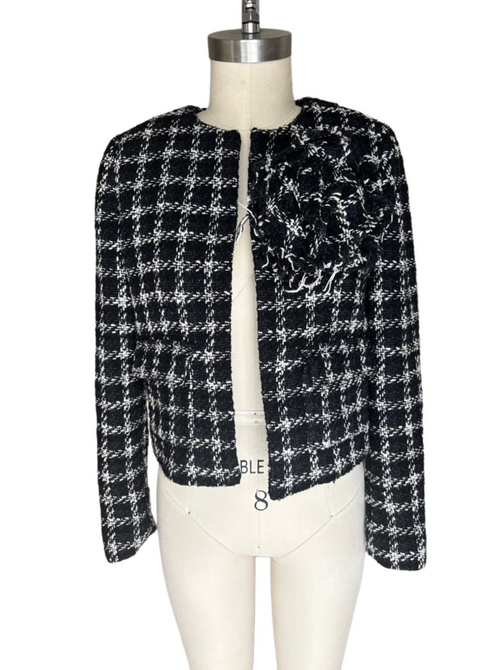 Mango Black & White Tweed Cropped Blazer with Floral Applique